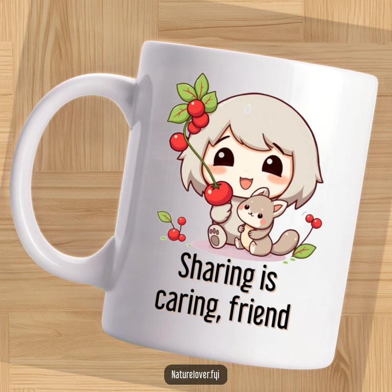 Funny mug shows a happy character offering a ripe red berry to a small, fluffy woodland creature, symbolizing friendship and kindness.