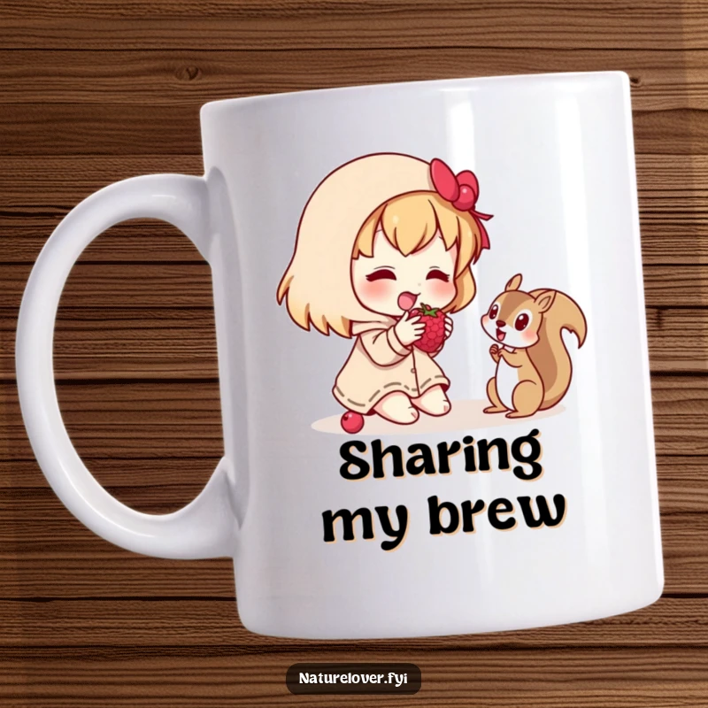 Funny mug showing a small character happily sharing a berry with a curious squirrel, depicting kindness and interspecies friendship.