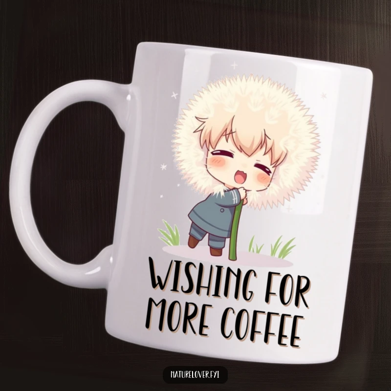 Funny mug shows a character attempting a big hug on a comically large, fluffy dandelion with playful affection.