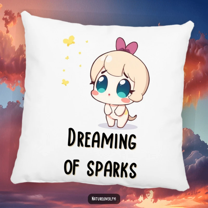Funny pillow with a cute character amazedly watching fireflies appear, offering comfort and humorous decor.