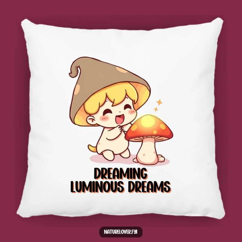 Funny Mushroom Discoverer Pillow: Delighted Character's Glowing Secret Surprise Accent