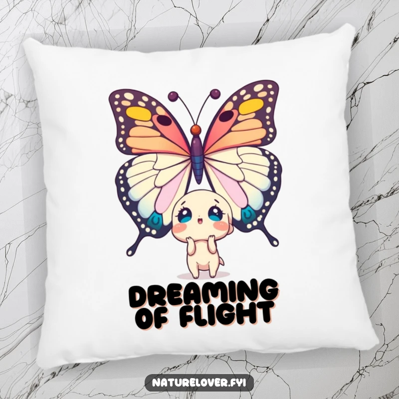 Funny pillow: cute character looks astonished at a massive butterfly. Soft and humorous home decor.