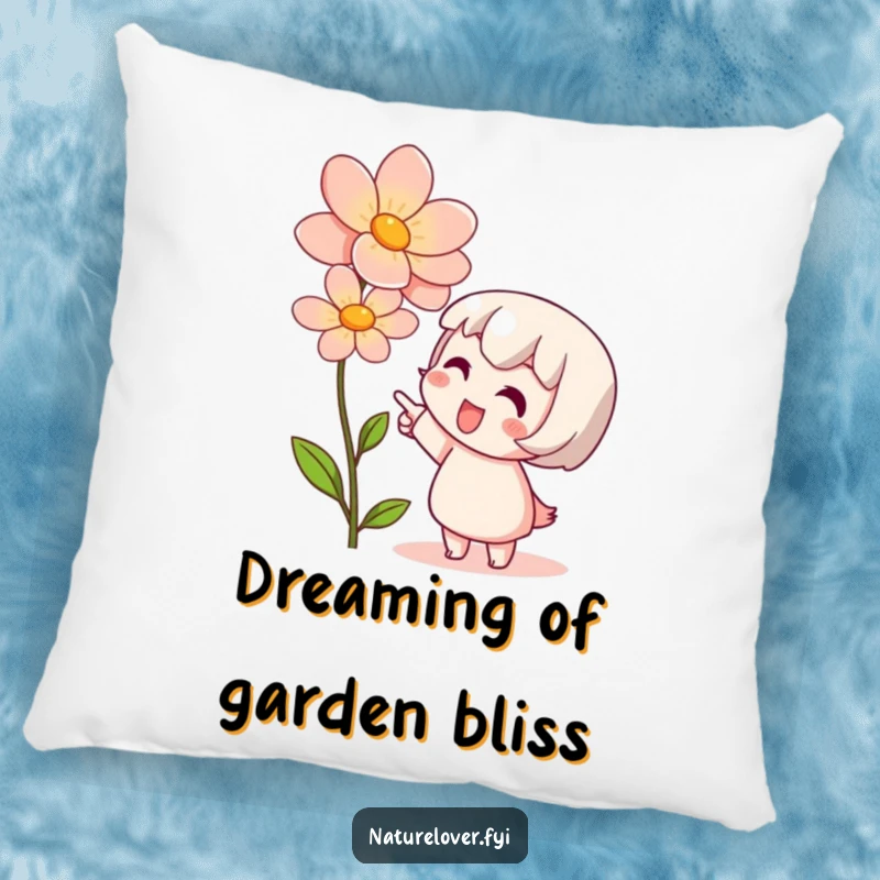 Funny pillow with a cute character gazing admiringly at a beautifully blooming flower, adding charm and humor.