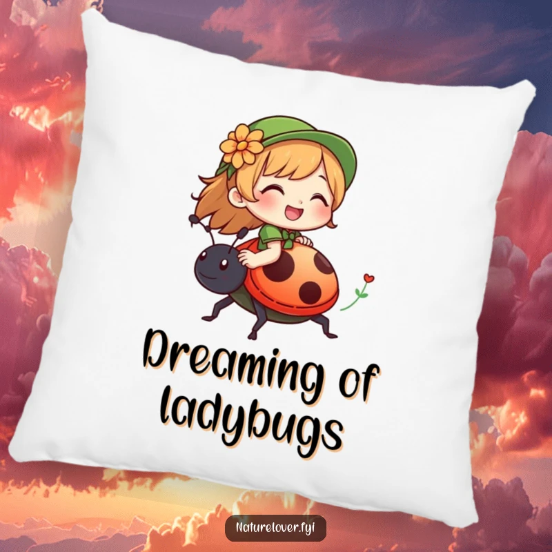 Funny pillow with a nature lover character giggling while riding on a friendly ladybug, adding natural charm.