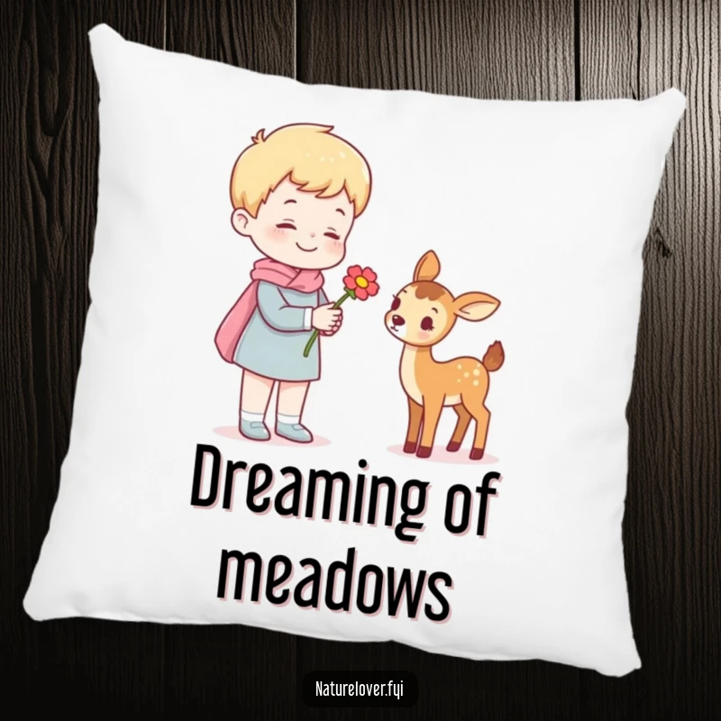 Funny pillow showing a cheerful figure giving a flower to a small deer, adding a touch of gentle humor and comfort.