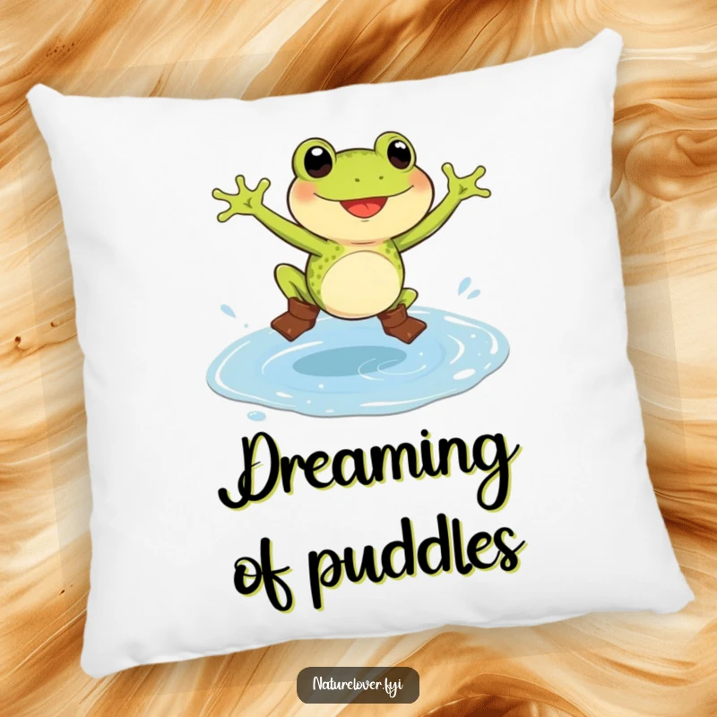 Funny frog pillow with a delighted frog wearing tiny boots, jumping in a colossal puddle, adding comfort and humor.