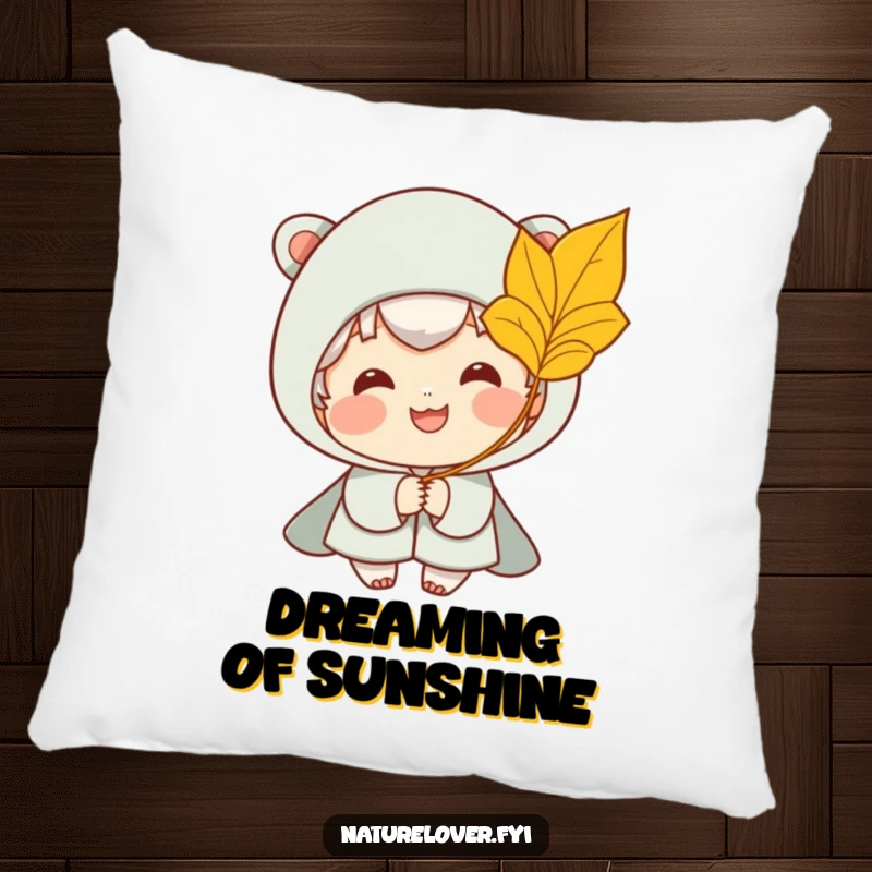 Funny pillow depicting a smiling character happily catching a golden leaf from a gentle breeze, providing humorous comfort.