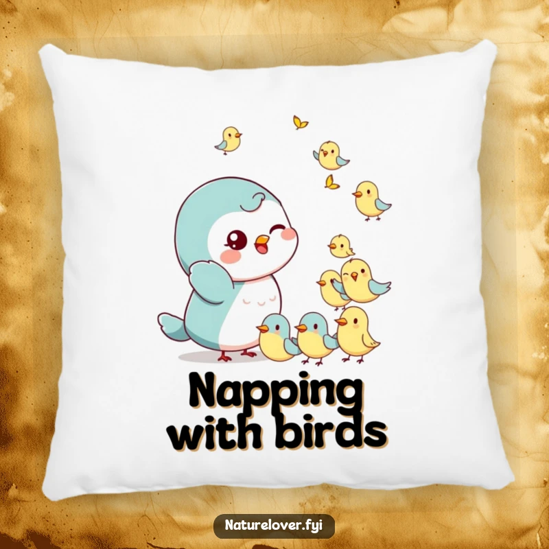 Funny Pillow: A small character gives a playful wink while waving at tiny, cheerful birds, adding friendly comfort.