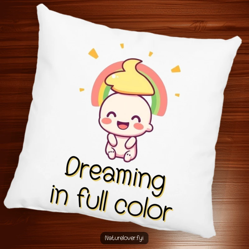 Funny pillow showcasing a tiny character's blissful smile while admiring a magical rainbow, adding comfort and cheer.