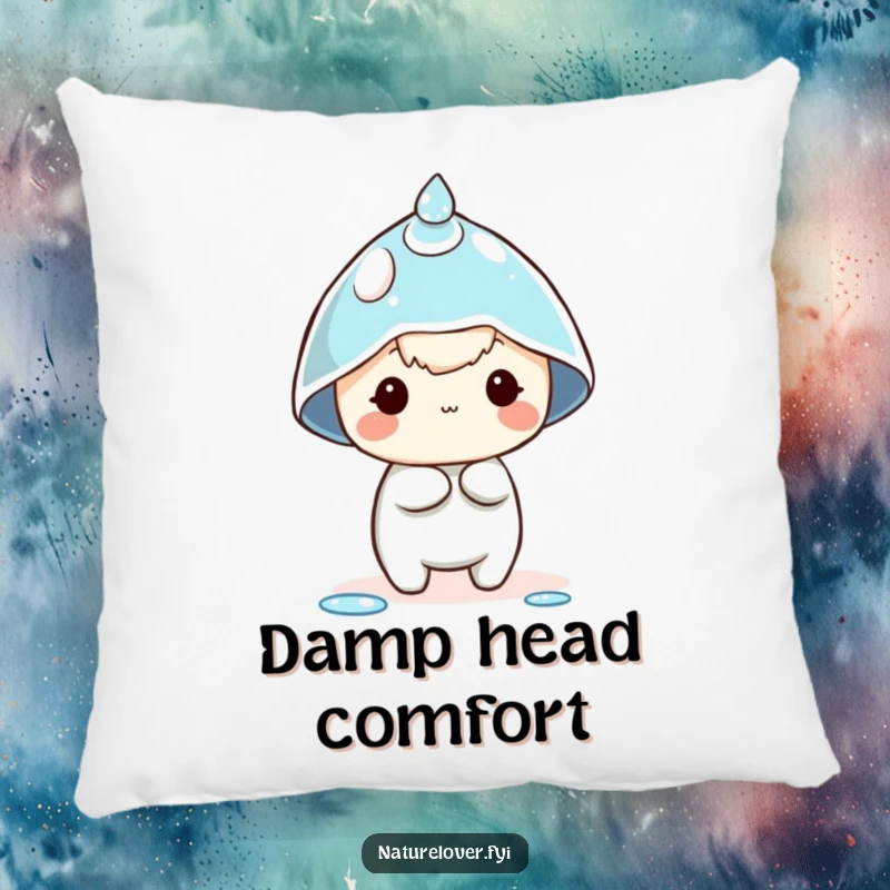 Funny dewdrop hat pillow with a tiny character comically trying to wear a dewdrop as a hat, offering cozy, humorous decor.