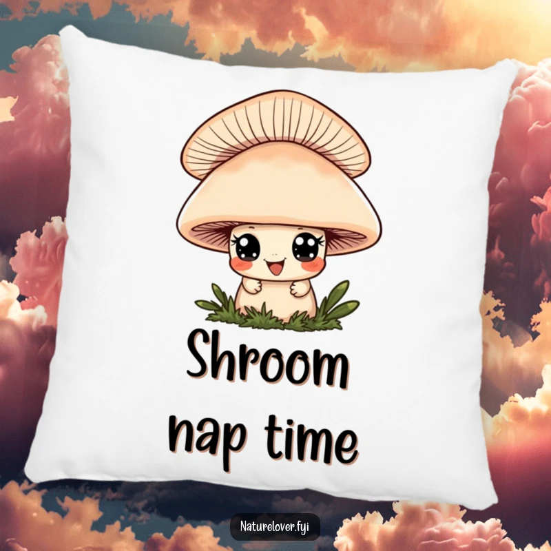 Funny pillow featuring a cute character with a playful grin peeking from behind a large mushroom, bringing cozy charm.