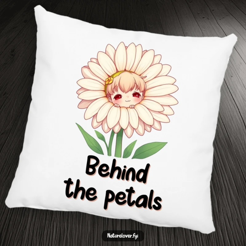 Funny pillow with a nature lover character playfully peeking from behind a giant daisy, adding whimsical charm to any seating area.