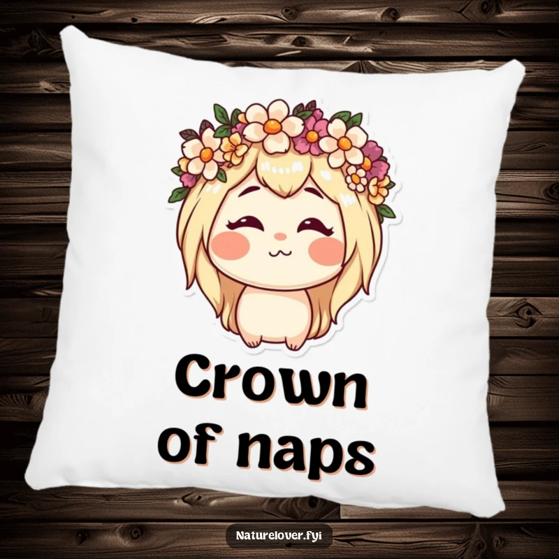 Funny pillow with a nature lover character wearing a flower crown and making a funny expression, adding whimsical charm to decor.