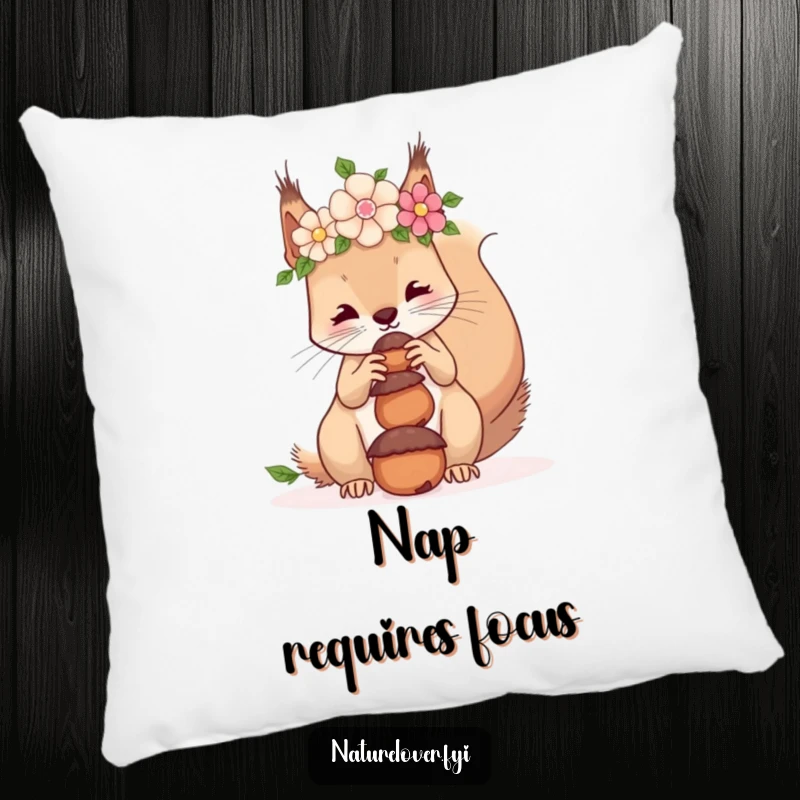 Funny pillow featuring a squirrel in a flower crown, humorously attempting to balance acorns on its nose.