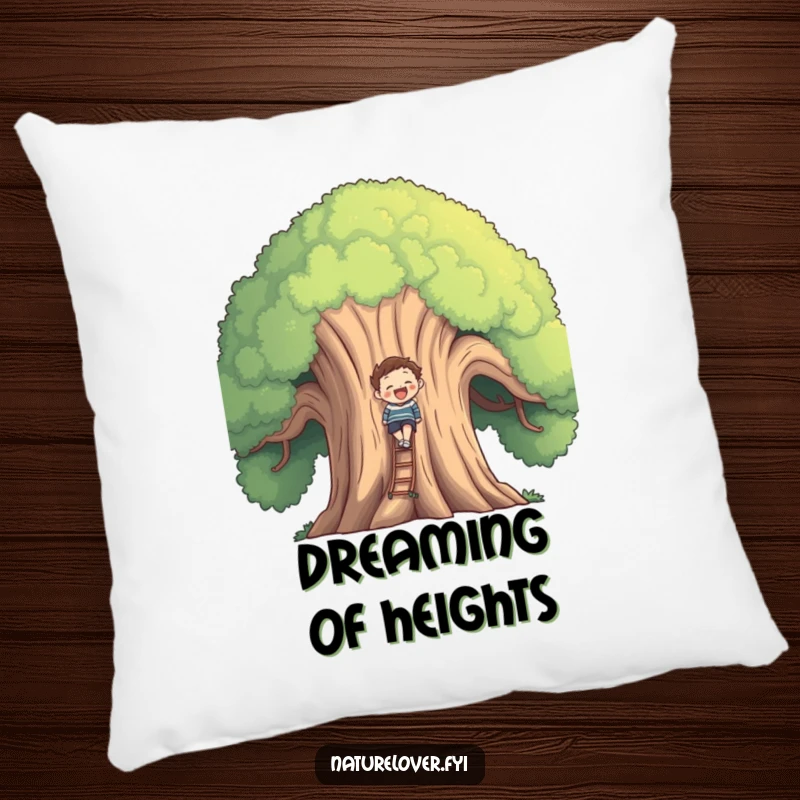 Funny smiling figure joyfully climbing a massive, friendly tree, depicted on this comfortable pillow.