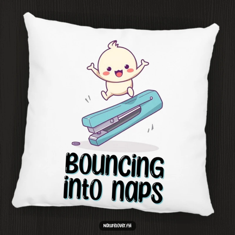 Funny Pillow: A cute character with a happy bounce leaps over a giant fallen twig, adding cheerful comfort.