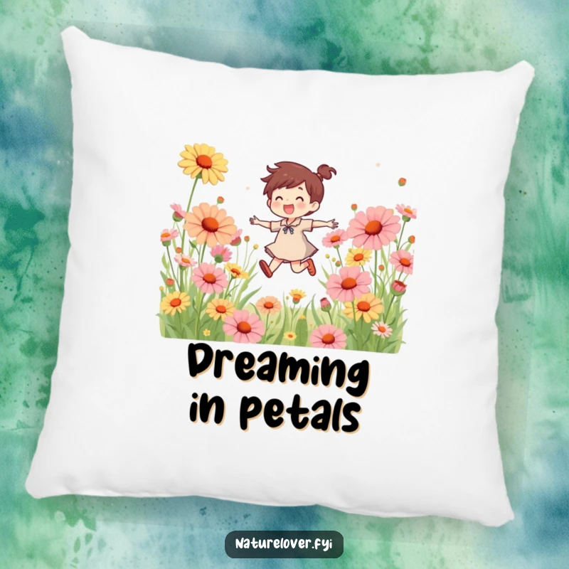 Funny pillow featuring a joyful character skipping through a field of oversized, colorful wildflowers, bringing a touch of playful cheer.