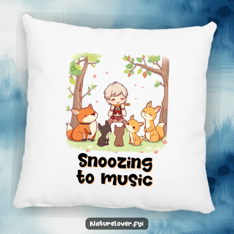 Funny pillow with a character joyfully playing a flute for a group of attentive woodland creatures, adding cozy enchantment.
