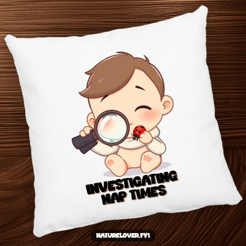 Funny pillow featuring a character using a magnifying glass to curiously examine a tiny ladybug, perfect for nature decor.