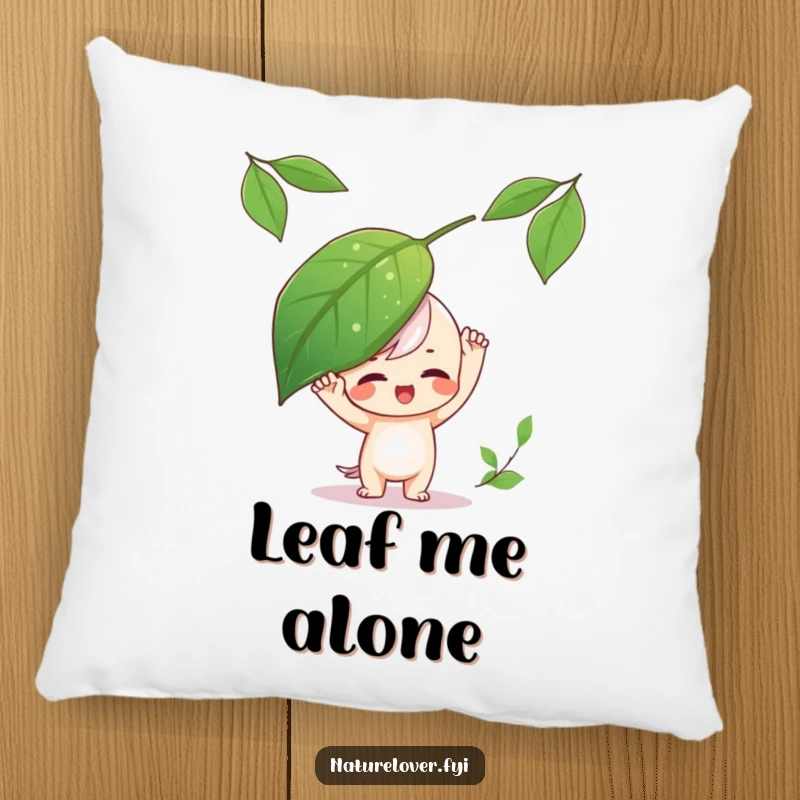 Funny Pillow featuring a playful character balancing a large leaf on its head, adding comfort and fun.