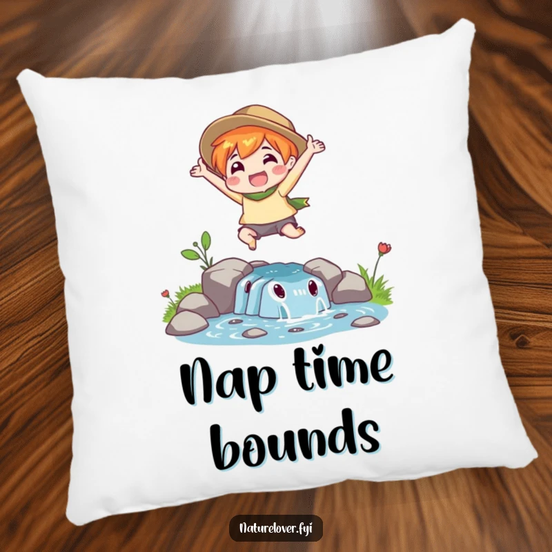 Funny Leap of Faith Pillow: A nature lover character leaps over a stream, a soft and humorous decorative piece.