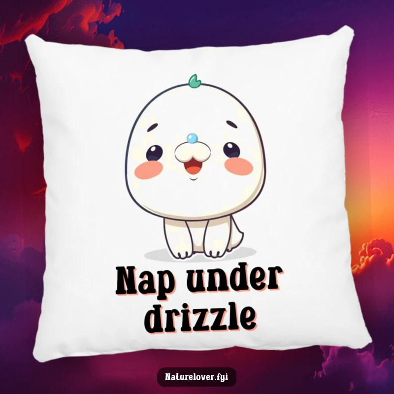 Funny pillow featuring a smiling character delighted by a tiny raindrop on its nose, bringing comfort and cheer.