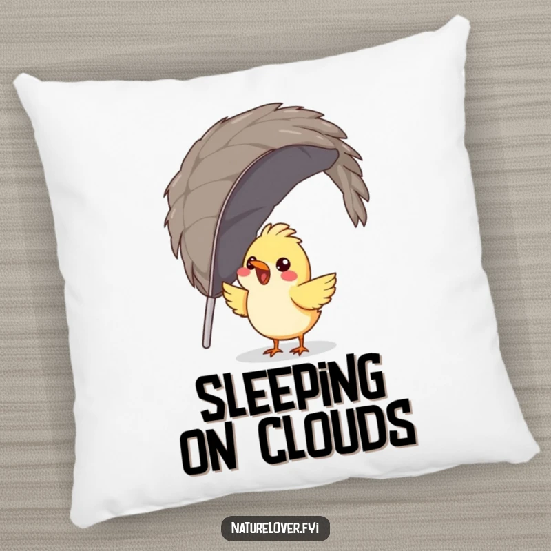 Funny bird pillow with a gleeful bird trying to build a nest from a single, huge feather, soft and humorous.
