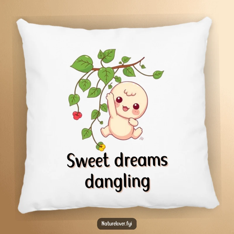 Funny pillow design showcasing a kawaii character playfully dangling from a vine, a humorous and cute accent.