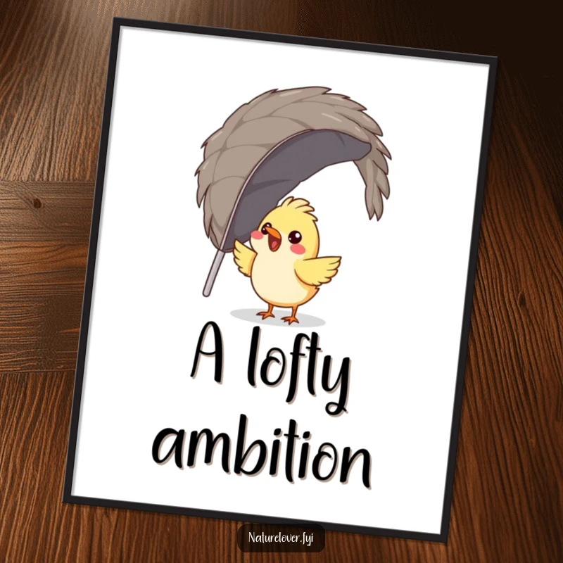 Funny bird digital art print of a gleeful bird using a massive feather for a nest, perfect for instant humorous decor.