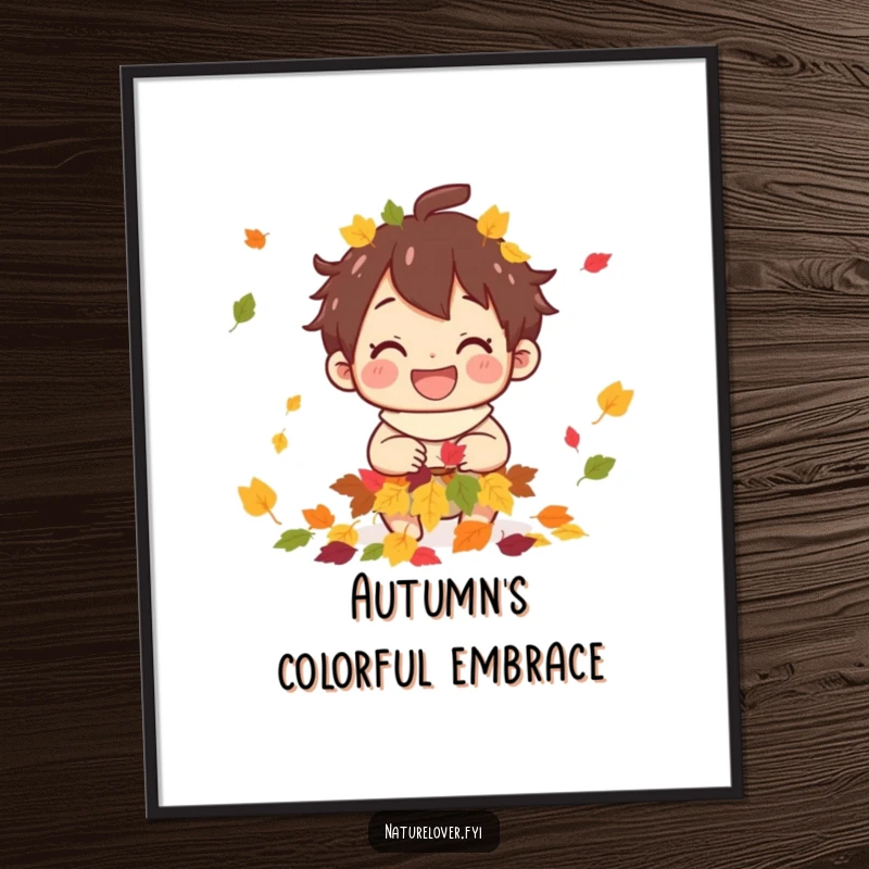 Funny digital art print of a grinning character gathering colorful fallen leaves, capturing the essence of autumn.