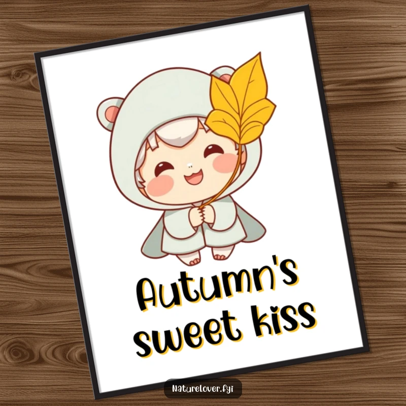 Funny digital art of a smiling character happily catching a golden leaf from a gentle breeze, evoking whimsical autumn joy.