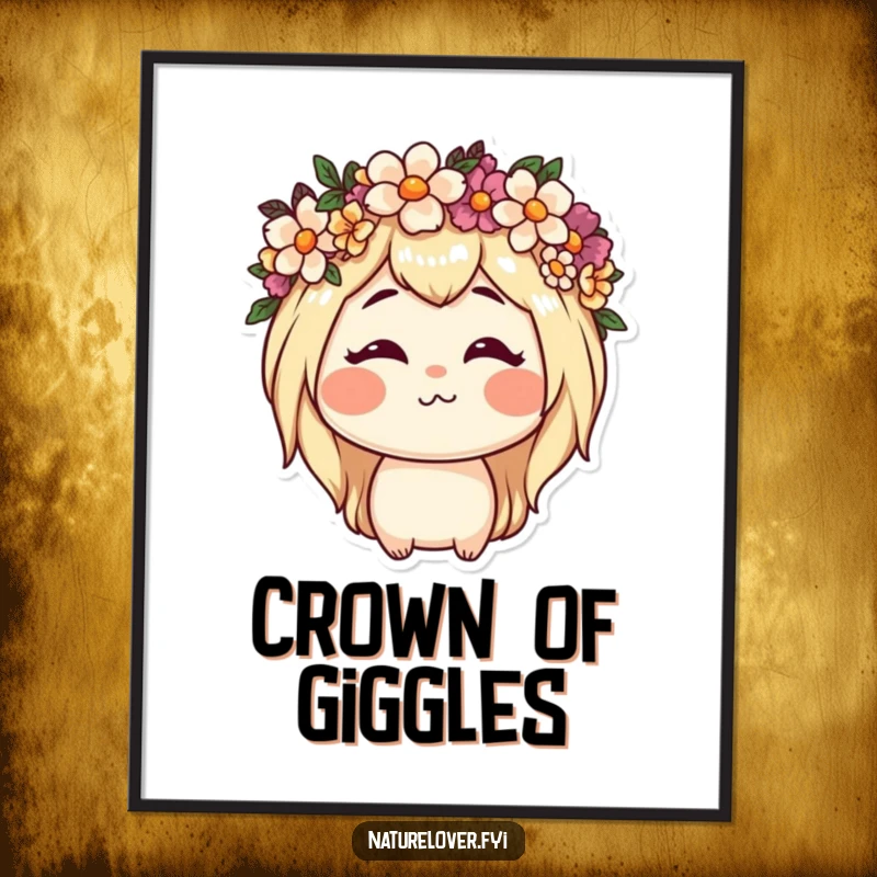 Funny digital art print of a nature lover character wearing a flower crown and making a comical face, celebrating natural whimsy.