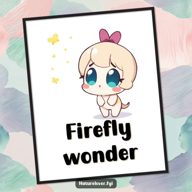 Funny digital art of a cute character with amazed eyes watching fireflies appear, evoking wonder and humorous fascination.