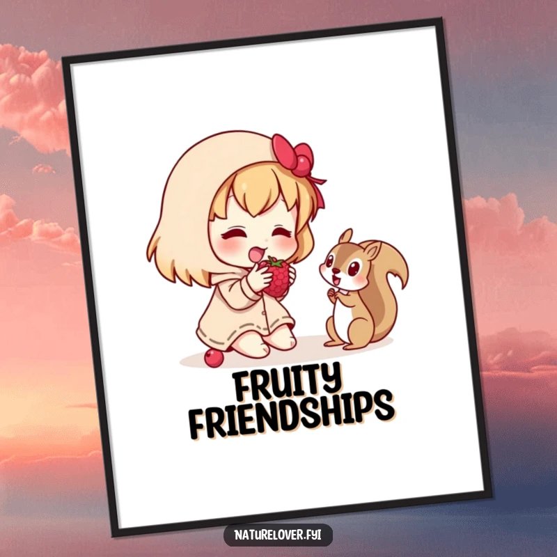 Funny digital art print of a character happily sharing a berry with a curious squirrel, conveying kindness, friendship, and gentle humor.