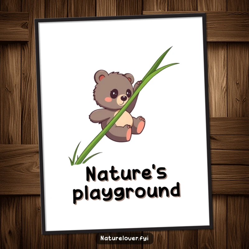 Funny bear cub digital art print of a clumsy cub sliding down a massive blade of grass, perfect for instant humorous decor.