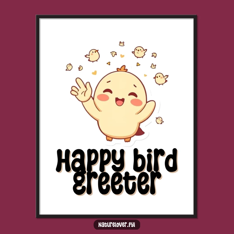 Funny Bird Greeting Digital Art: Happy Character Waving at Tiny Birds Printable