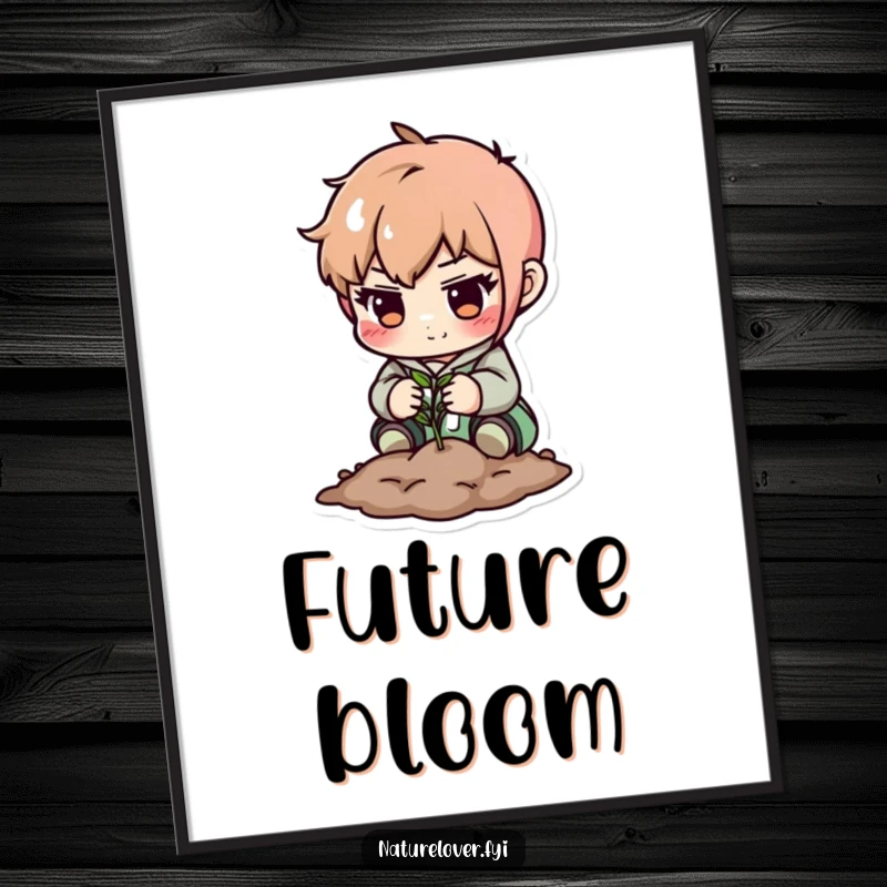 Funny digital art: cute character planting a small seed with focus. Inspiring and humorous.