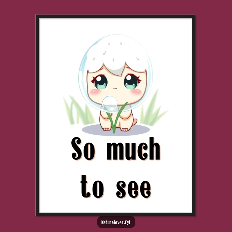 Funny Dewdrop Observer Digital Print: Cute Curious Character's Giant Shimmering Surprise Art