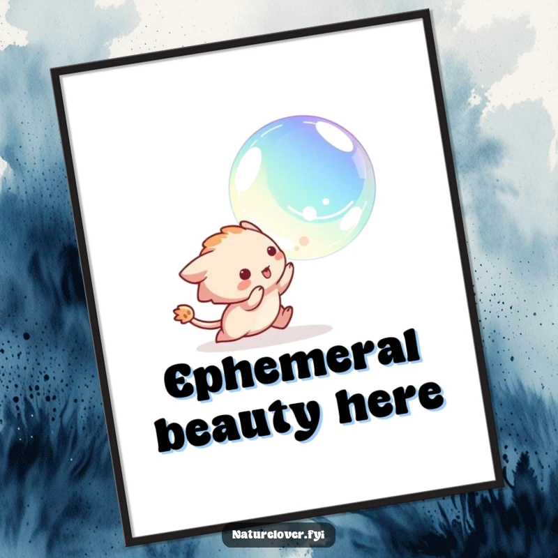 Funny digital art print of a creature joyfully and playfully chasing a large, iridescent, floating bubble.