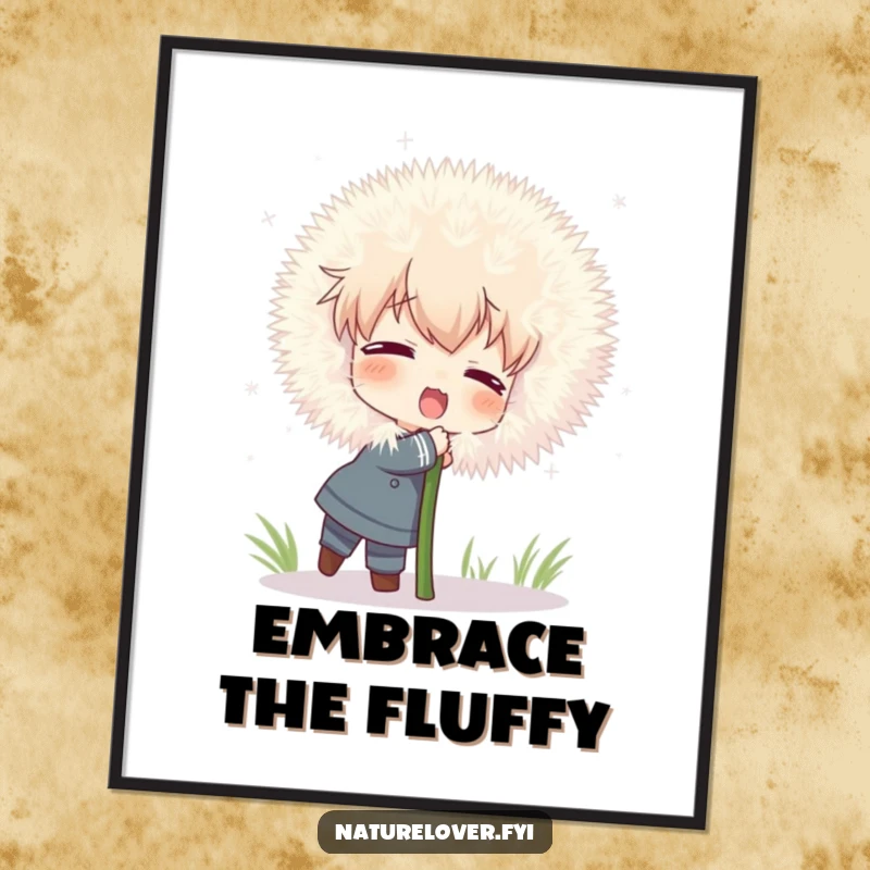 Funny digital art print of a character attempting to hug a comically large, fluffy dandelion with whimsical joy.