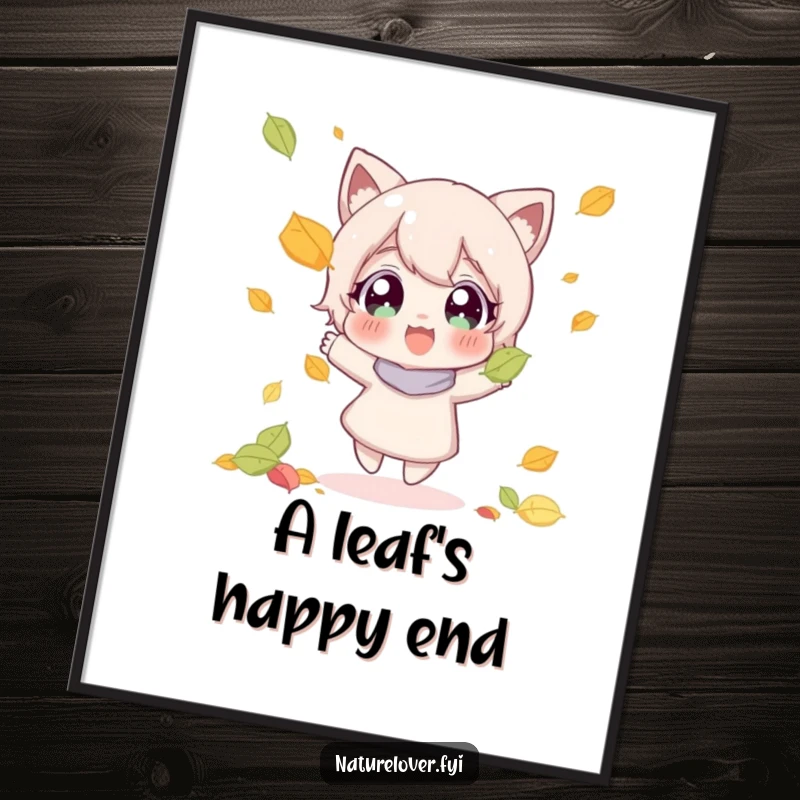 Funny digital art print of a character with wide, happy eyes joyfully catching a falling autumn leaf, full of delight.