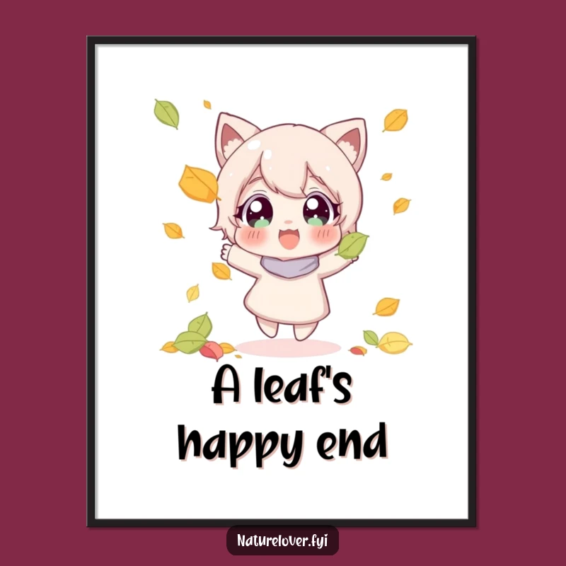 Funny Digital Art Print: Character's Leaf Catch Joy, Instant Autumn Wall Decor