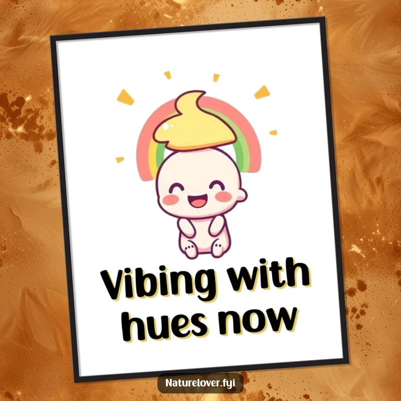 Funny digital art print of a small character beaming with joy while admiring a stunning, multi-colored rainbow.