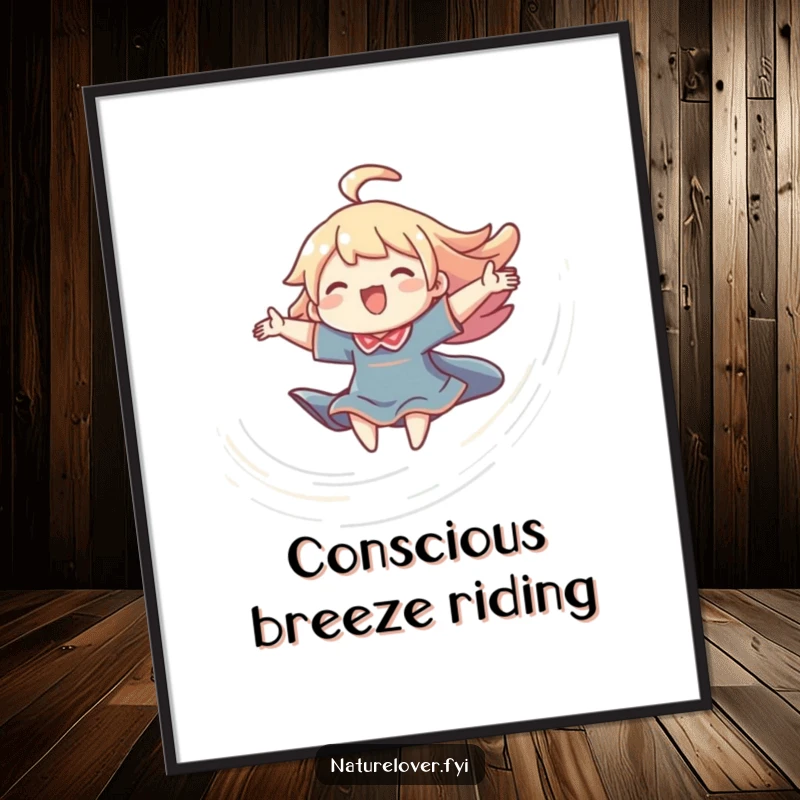 Funny joyful breeze digital art print of a character riding a swirling breeze, symbolizing pure freedom and happiness.