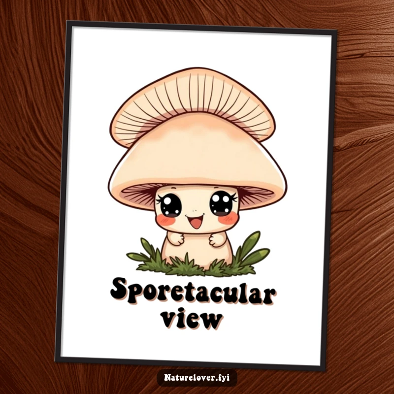 Funny digital art print of a cute character with wide eyes and a playful grin peeking from behind a large mushroom, full of charm.