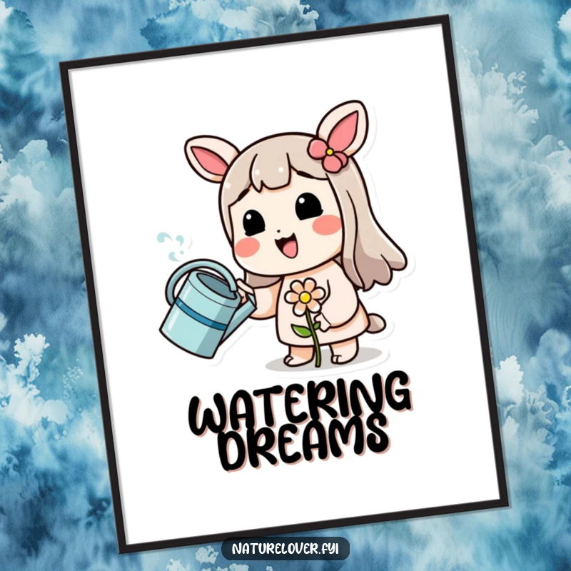 Funny digital art print of a smiling character watering a tiny, wilting flower, ready to be framed for funny decor.