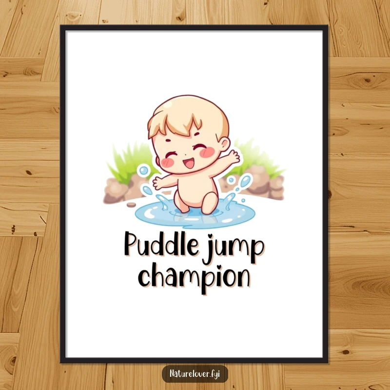 Funny joyful character gleefully splashing water in a minuscule puddle, captured in high-resolution digital art.