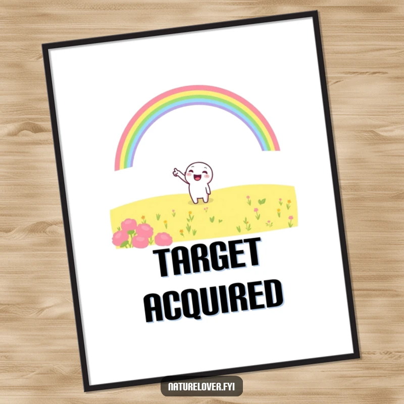 Funny digital art print showing a cheerful character excitedly pointing at a beautiful rainbow arching over a field, symbolizing hope and happiness.