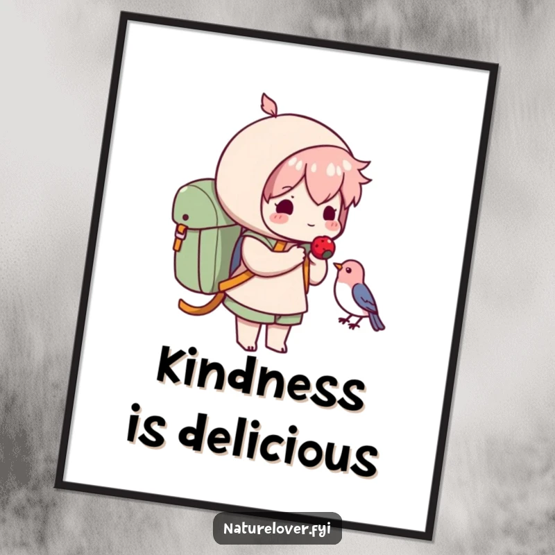 Funny digital art print of a cute character offering a berry to a small bird, ready to be framed for funny decor.