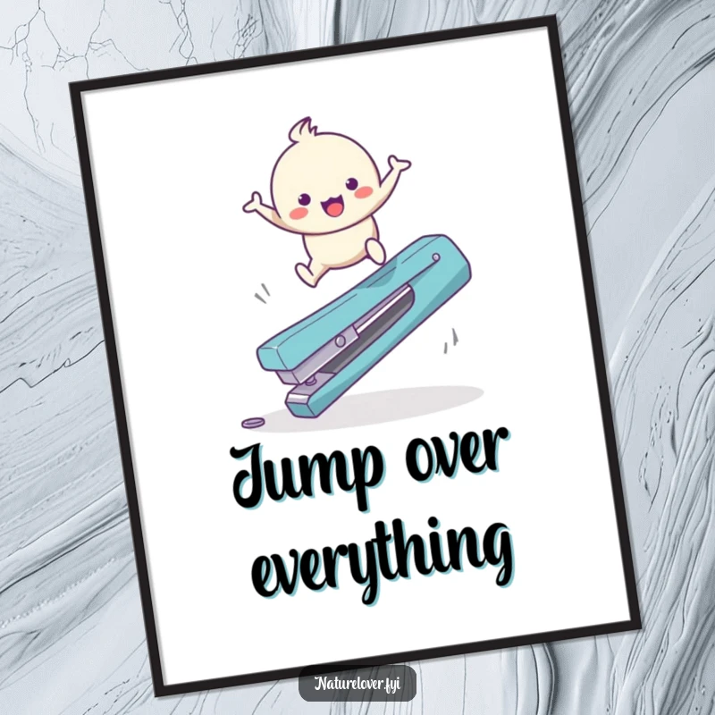 Funny Digital Art Print: A cute character gleefully leaps over a huge fallen twig, ideal for energetic wall decor.